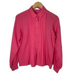 VTG 80s Martinique Pink Blouse Button Up Long Sleeve Pleated Pink Pony Club S/M